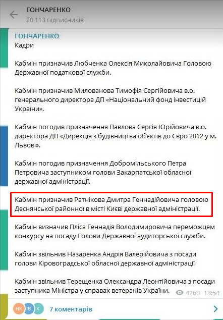 призначення Ратнікова